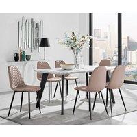 FurnitureboxUK Andria White Marble Effect & Black Leg 6 Seater Dining Table and 6 Corona Faux Leather Chairs in Beige