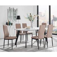 FurnitureboxUK Andria White Marble Effect & Black Leg 6 Seater Dining Table and 6 Milan Faux Leather Chairs in Beige