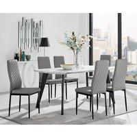 FurnitureboxUK Andria White Marble Effect & Black Leg 6 Seater Dining Table and 6 Milan Faux Leather Chairs in Grey
