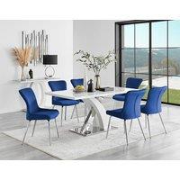 FurnitureboxUK Atlanta 6 White Dining Table and 6 Nora Silver Leg Chairs in Blue