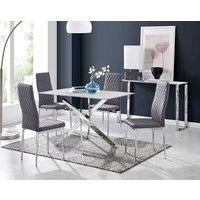 FurnitureboxUK Leonardo White Glass Marble Effect Silver Leg Table & 4 Velvet Milan Silver Leg Chairs in Grey