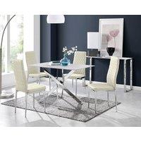 FurnitureboxUK Leonardo White Glass Marble Effect Silver Leg Table & 4 Velvet Milan Silver Leg Chairs in Cream