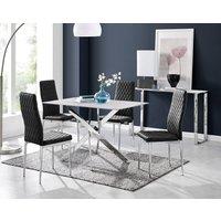 FurnitureboxUK Leonardo White Glass Marble Effect Silver Leg Table & 4 Velvet Milan Silver Leg Chairs in Black