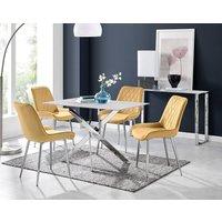 FurnitureboxUK Leonardo White Glass Marble Effect Silver Leg Table & 4 Pesaro Silver Chairs in Mustard