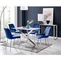 FurnitureboxUK Leonardo White Glass Marble Effect Silver Leg Table & 4 Pesaro Silver Chairs in Navy