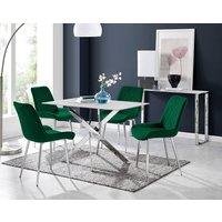 FurnitureboxUK Leonardo White Glass Marble Effect Silver Leg Table & 4 Pesaro Silver Chairs in Green