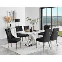 FurnitureboxUK Leonardo White Glass Marble Effect Silver Leg Table & 4 Milan Chrome Leg Chairs in Black