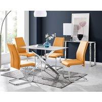 FurnitureboxUK Leonardo White Glass Marble Effect Silver Leg Table & 4 Lorenzo Chairs in Mustard