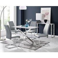 FurnitureboxUK Leonardo White Glass Marble Effect Silver Leg Table & 4 Lorenzo Chairs in Grey