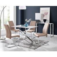 FurnitureboxUK Leonardo White Glass Marble Effect Silver Leg Table & 4 Lorenzo Chairs in Beige