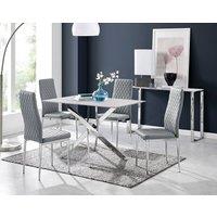 FurnitureboxUK Leonardo White Glass Marble Effect Silver Leg Table & 4 Milan Chrome Leg Chairs in Grey
