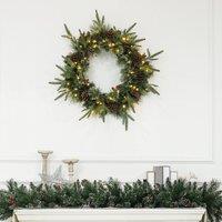 HOMCOM 60cm Christmas Wreath with LED Lights Pine Cones Red Berries Green