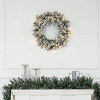 HOMCOM 60cm Flocked Christmas Wreath with Lights Pine Cones Berries Green