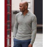 Savile Row Company London Men Merino Wool Cashmere Zip Neck Long Sleeve Polo Shirt in Light Grey | Size: 2X-large