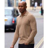 Savile Row Company London Men Merino Wool Cashmere Zip Neck Long Sleeve Polo Shirt in Beige | Size: Small