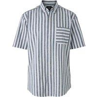 Savile Row Company London Men Navy White Bold Stripe Classic Fit Linen Cotton Short Sleeve Shirt | Size: X-Large