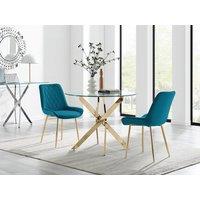 FurnitureboxUK Novara 100cm Round Gold Leg Dining Table & 2 Pesaro Gold Leg Chairs in Blue