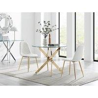 FurnitureboxUK Novara 100cm Round Gold Leg Dining Table & 2 Corona Gold Chairs in White