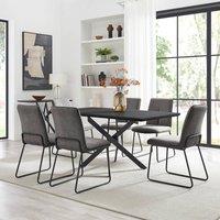 FurnitureboxUK Leonardo Black Top Dining Table & 6 Halley Fabric Chairs in Dark Grey