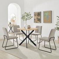 FurnitureboxUK Novara 100cm Oak Veneer Top Round Dining Table & 4 Taupe Halley Chairs in Brown