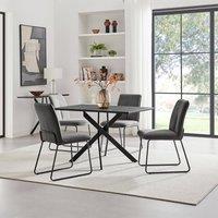 FurnitureboxUK Leonardo Black Top Dining Table & 4 Halley Dark Grey Fabric Chairs