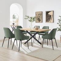 FurnitureboxUK Leonardo Oak Effect Dining Table & 6 Beaumont Green Fabric Chairs in Brown