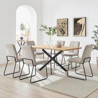 FurnitureboxUK Leonardo Oak Effect Dining Table & 6 Halley Taupe Fabric Chairs in Brown