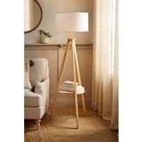ValueLights Morrigan Natural Wood Tripod Floor Lamp with Fabric Drum Lamp Shade in White