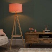 ValueLights Morrigan Natural Wood Tripod Floor Lamp and Fabric Drum Shade and Bulb in Pale Pink