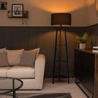 ValueLights Hiru Black 3 Tier Shelf Floor Lamp with Large Drum Shade and Bulb