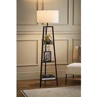 ValueLights Hiru Black 3 Tier Wooden Shelf Floor Lamp with Large Drum Shade in White
