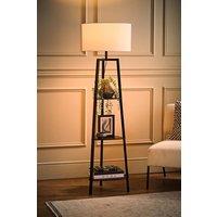 ValueLights Hiru Black 3 Tier Shelf Floor Lamp with Large Drum Shade and Bulb in White