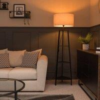 ValueLights Hiru Black 3 Tier Shelf Floor Lamp with Large Drum Shade and Bulb in Light Grey