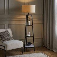 ValueLights Hiru Black 3 Tier Shelf Floor Lamp with Large Drum Shade and Bulb in Cream