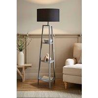 ValueLights Hiru Grey 3 Tier Wooden Shelf Floor Lamp with Large Drum Shade in Black