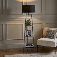 ValueLights Hiru Grey 3 Tier Shelf Floor Lamp with Large Drum Shade and Bulb in Black