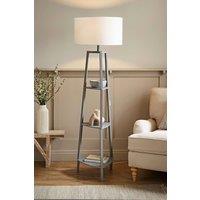 ValueLights Hiru Grey 3 Tier Wooden Shelf Floor Lamp with Large Drum Shade in White