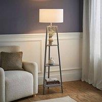 ValueLights Hiru Grey 3 Tier Shelf Floor Lamp with Large Drum Shade and Bulb in White