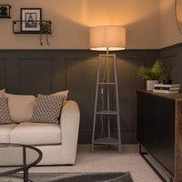 ValueLights Hiru Grey 3 Tier Shelf Floor Lamp with Large Drum Shade and Bulb in Light Grey