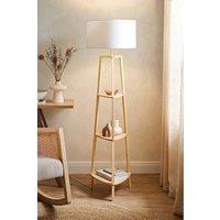 ValueLights Hiru Natural 3 Tier Wooden Shelf Floor Lamp with Large Drum Shade in White