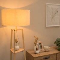 ValueLights Hiru 3 Tier Wooden Shelf Floor Lamp with Large Drum Shade and Bulb in Nude