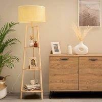 ValueLights Hiru 3 Tier Wooden Shelf Floor Lamp with Natural Wicker Shade in Nude