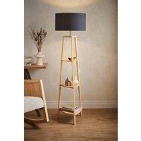 ValueLights Hiru Natural 3 Tier Wooden Shelf Floor Lamp with Large Drum Shade in Charcoal