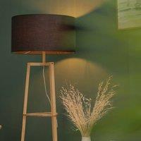 ValueLights Hiru 3 Tier Wooden Shelf Floor Lamp with Large Drum Shade and Bulb in Charcoal