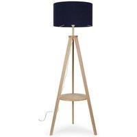 ValueLights Morrigan Natural Wood Tripod Floor Lamp with Fabric Drum Lamp Shade in Dark Navy
