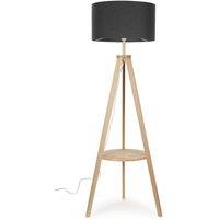 ValueLights Morrigan Natural Wood Tripod Floor Lamp with Fabric Drum Lamp Shade in Charcoal