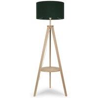 ValueLights Morrigan Natural Wood Tripod Floor Lamp with Fabric Drum Lamp Shade in Dark Green