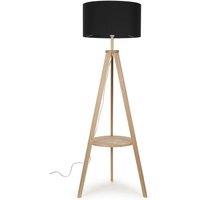 ValueLights Morrigan Natural Wood Tripod Floor Lamp with Fabric Drum Lamp Shade in Black