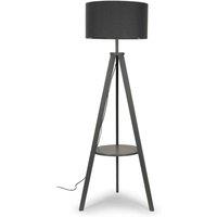 ValueLights Morrigan Grey Wood Tripod Floor Lamp with Fabric Drum Lamp Shade in Charcoal