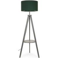 ValueLights Morrigan Grey Wood Tripod Floor Lamp with Fabric Drum Lamp Shade in Dark Green